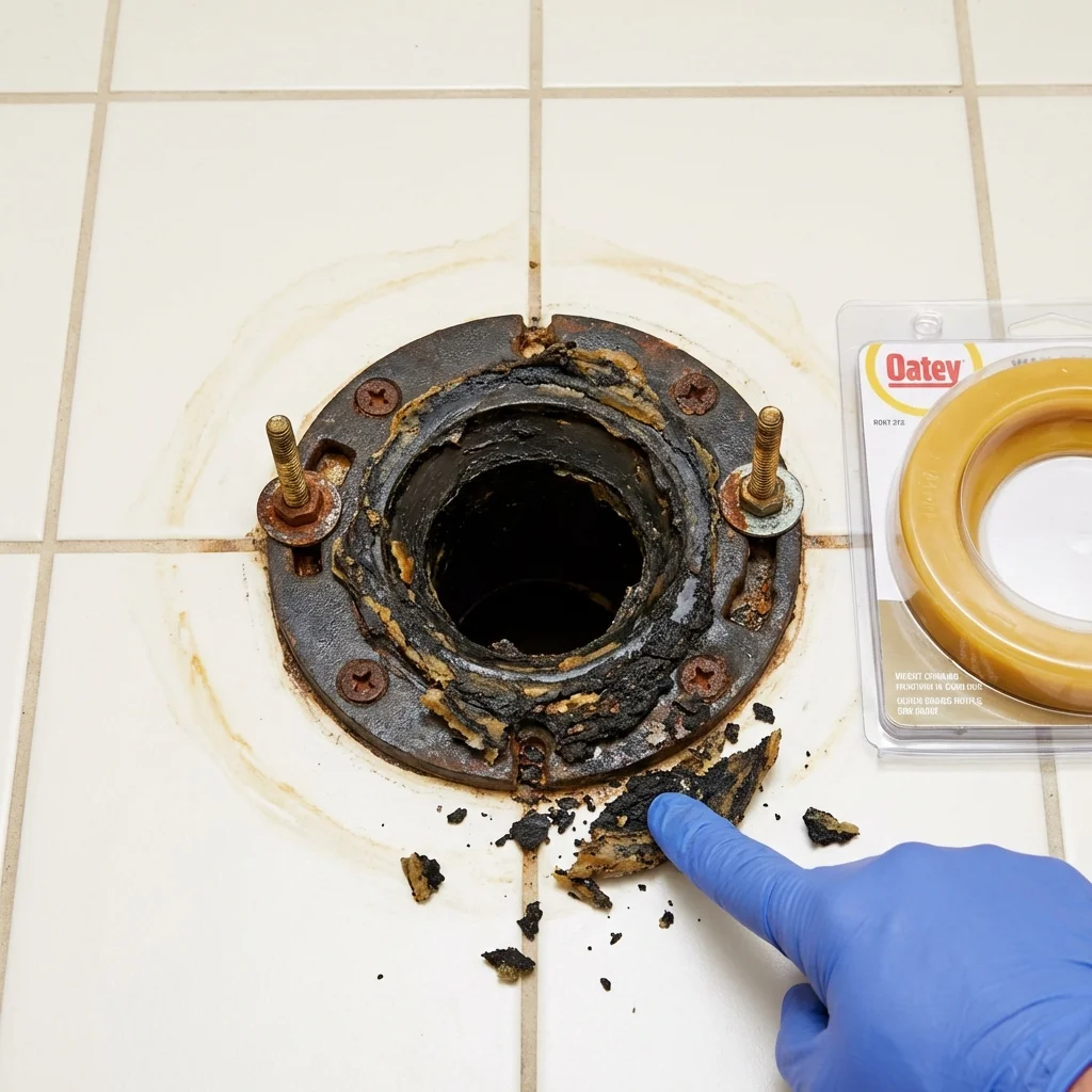 Failed wax ring showing water seepage at the base of a toilet in a Franklin, PA home