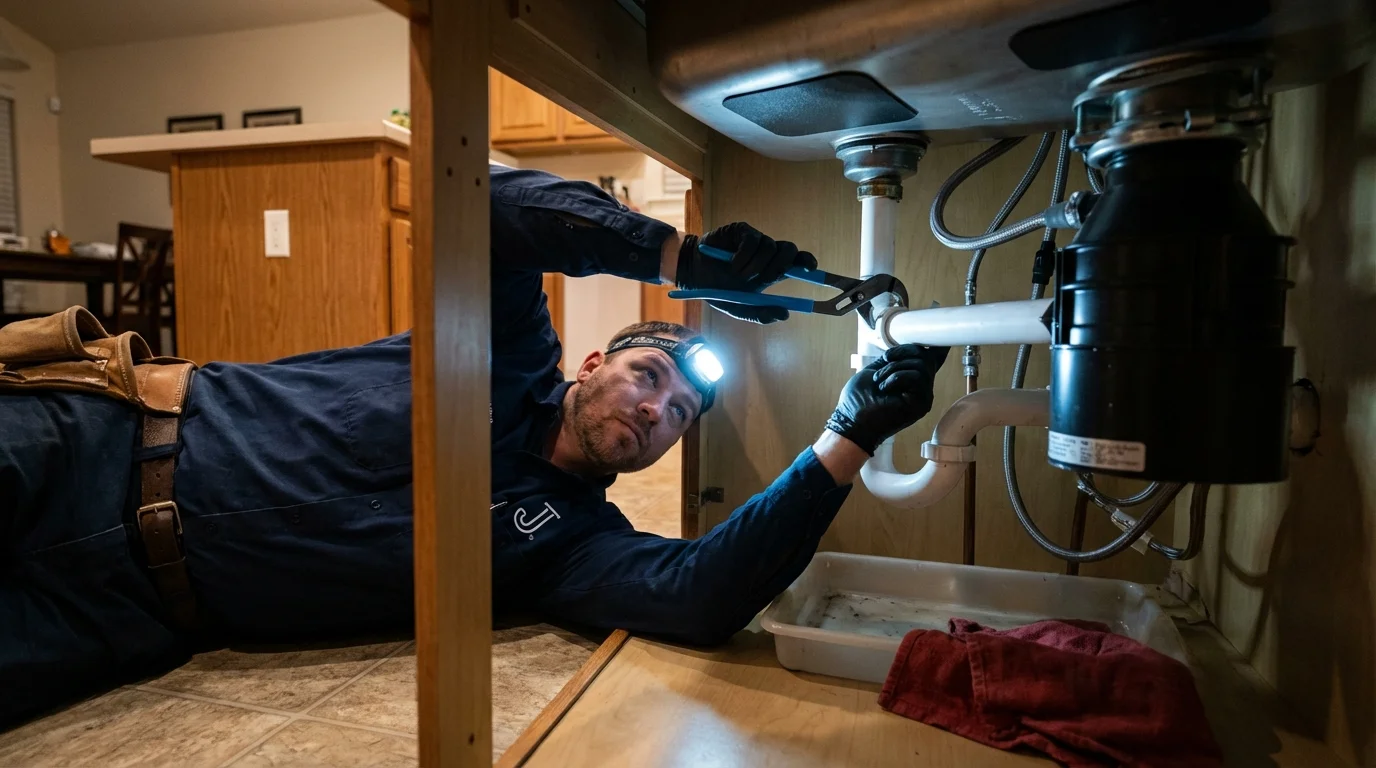 P-trap and supply line connections under a kitchen sink showing a common leak point in Franklin, PA